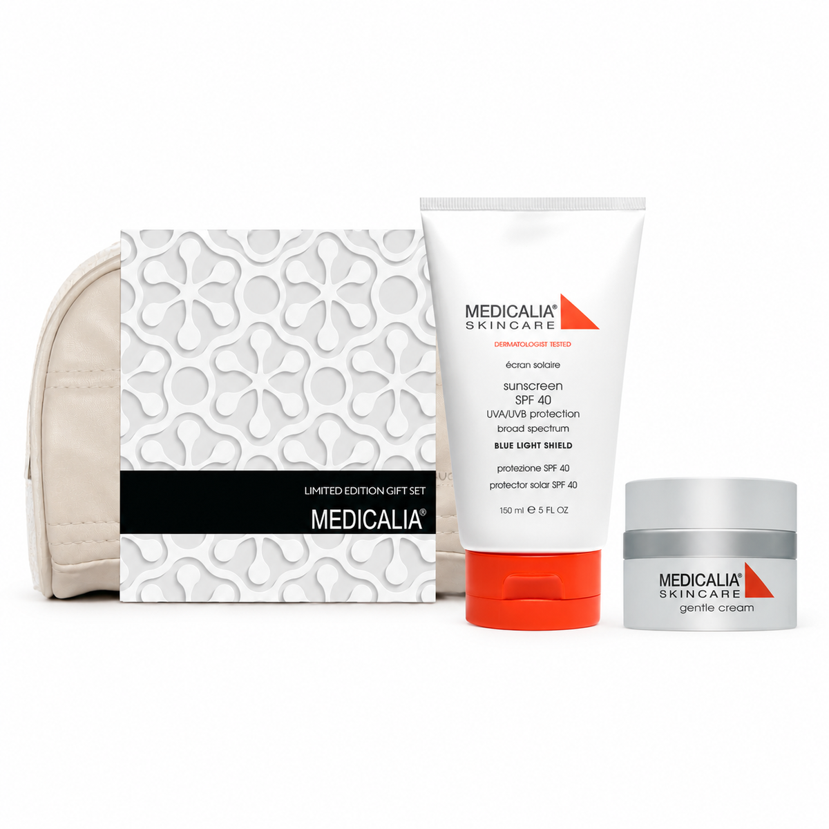 Medicalia Gentle Cream and SPF 40 Sunscreen with a white cosmetics bag and embossed floral gift sleeve.