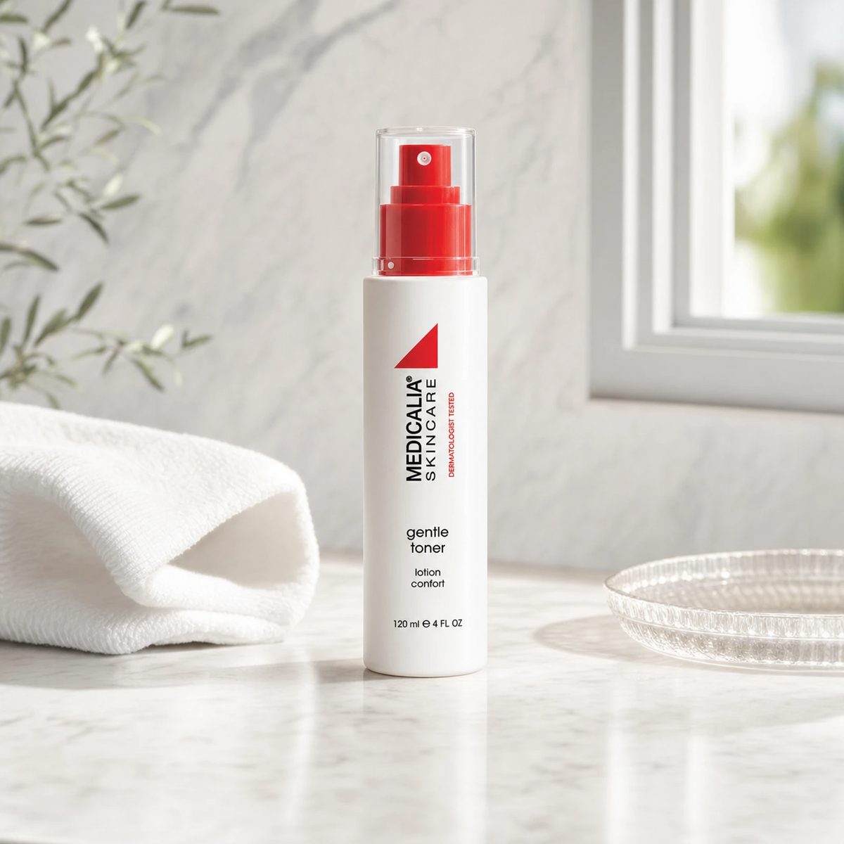 Medicalia Gentle Toner 120ml on a premium marble bathroom vanity, a soothing alcohol-free toner that calms redness, hydrates, and prepares sensitive skin for treatment.