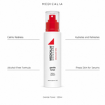 Medicalia Gentle Toner 120ml with four key benefits: Calms Redness, Alcohol-Free Formula, Hydrates and Refreshes, and Preps Skin for Serums.