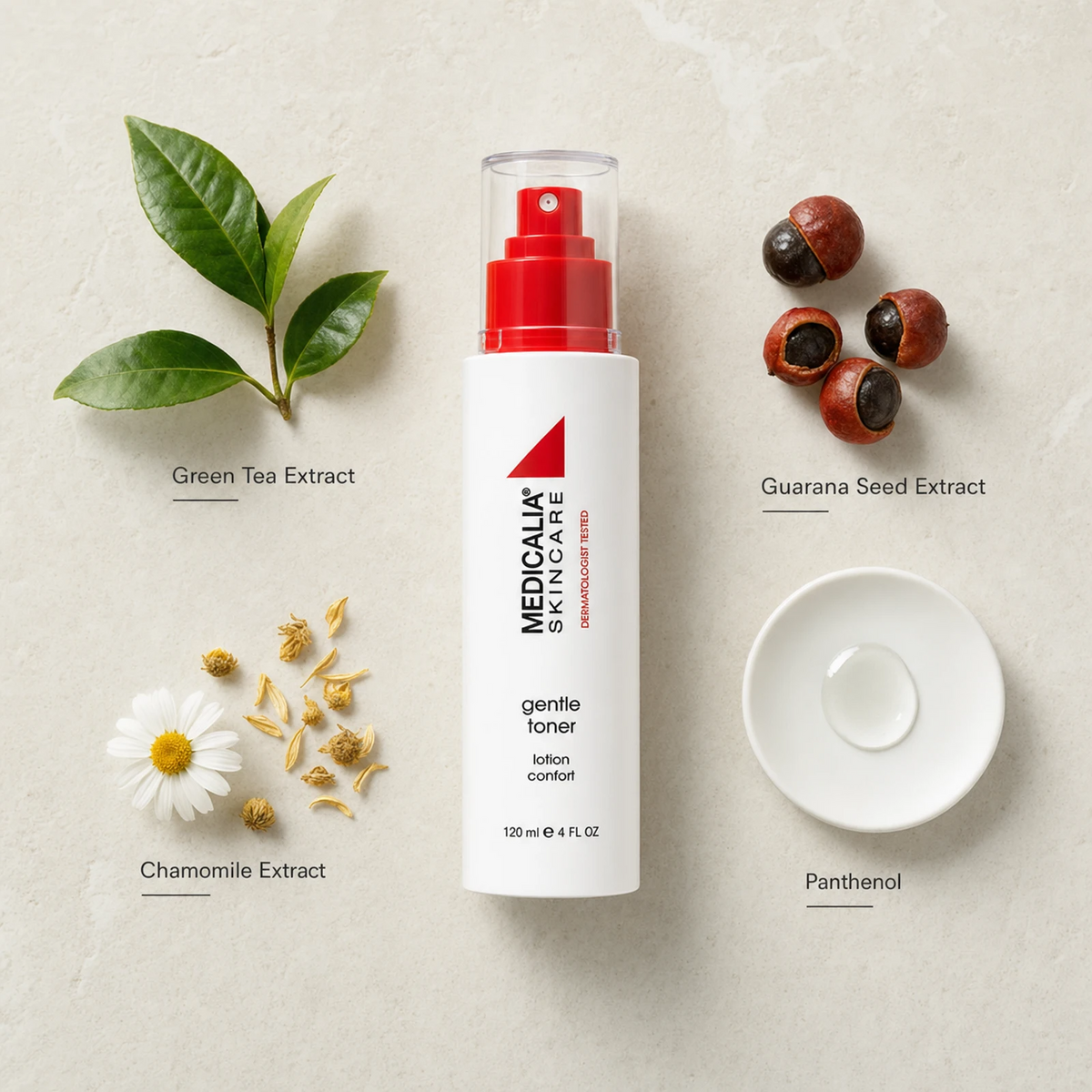 Medicalia Gentle Toner 120ml flatlay with key ingredients Green Tea Extract, Chamomile Extract, Guarana Seed Extract, and Panthenol.
