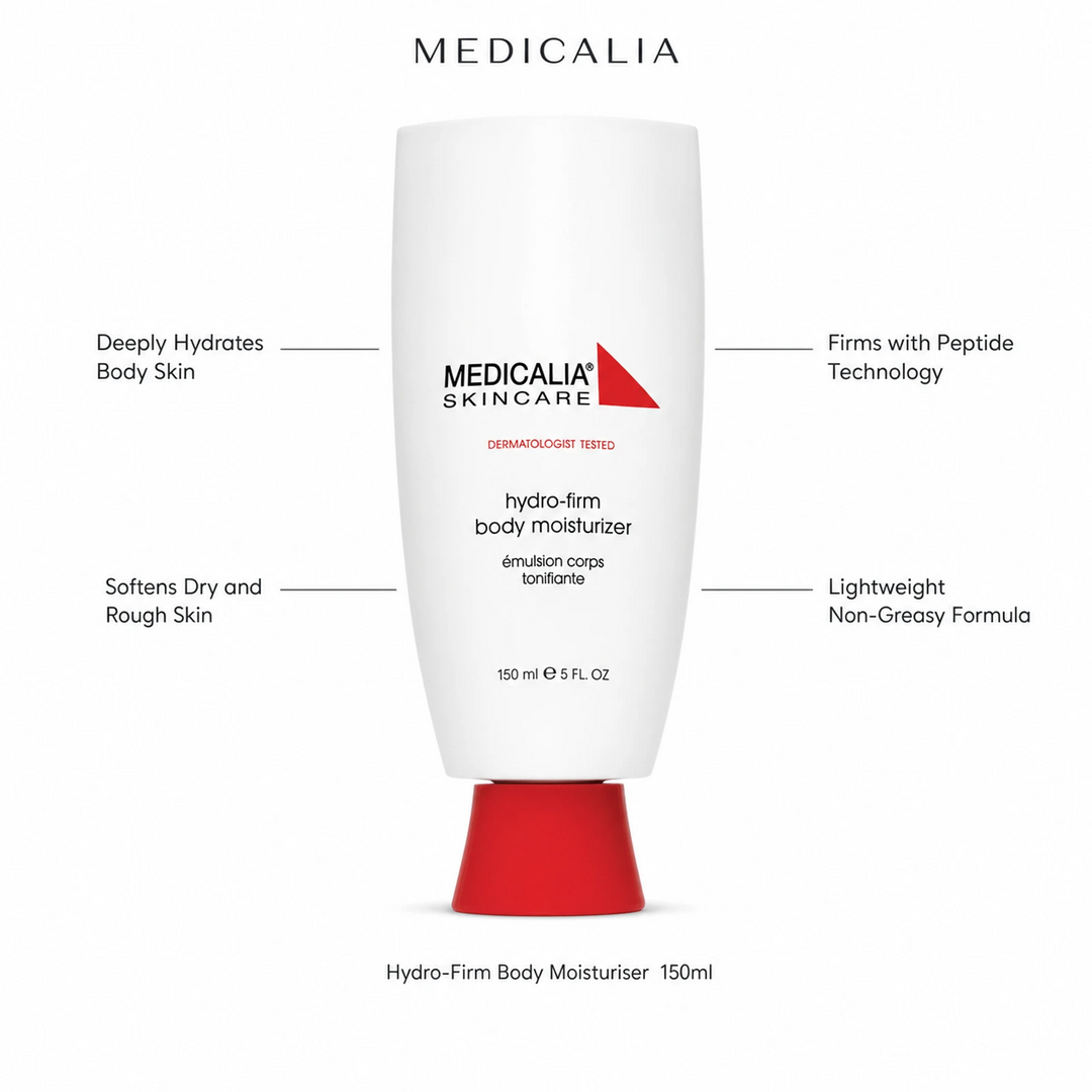 Medicalia Hydro-Firm Body Moisturiser 150ml with four key benefits: Deeply Hydrates Body Skin, Softens Dry and Rough Skin, Firms with Peptide Technology, and Lightweight Non-Greasy Formula.