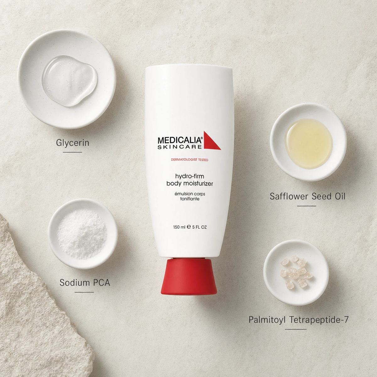 Medicalia Hydro-Firm Body Moisturiser 150ml flatlay with key ingredients Glycerin, Safflower Seed Oil, Sodium PCA, and Palmitoyl Tetrapeptide-7.