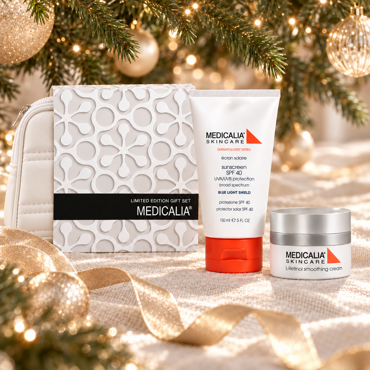 MEDICALIA L-Retinol & Sunscreen Gift Bag displayed beside a Christmas tree. File: medicalia-l-retinol-and-sunscreen-gift-bag-christmas-tree-2026.png