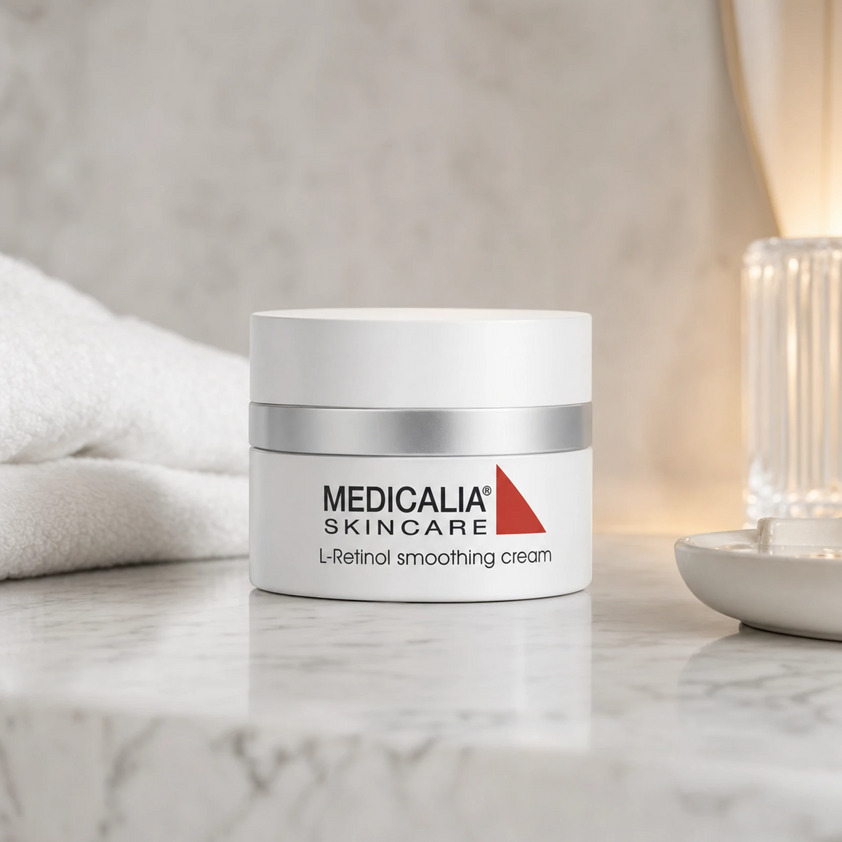 Medicalia L-Retinol Smoothing Cream 50ml on a premium marble bathroom vanity, an advanced resurfacing night cream with Micro-Retinol and AHAs for photo-damaged and ageing skin