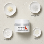 Medicalia L-Retinol Smoothing Cream 50ml flat lay with key ingredients Micro-Retinol, Glycolic Acid, Lactic Acid, and Squalane.