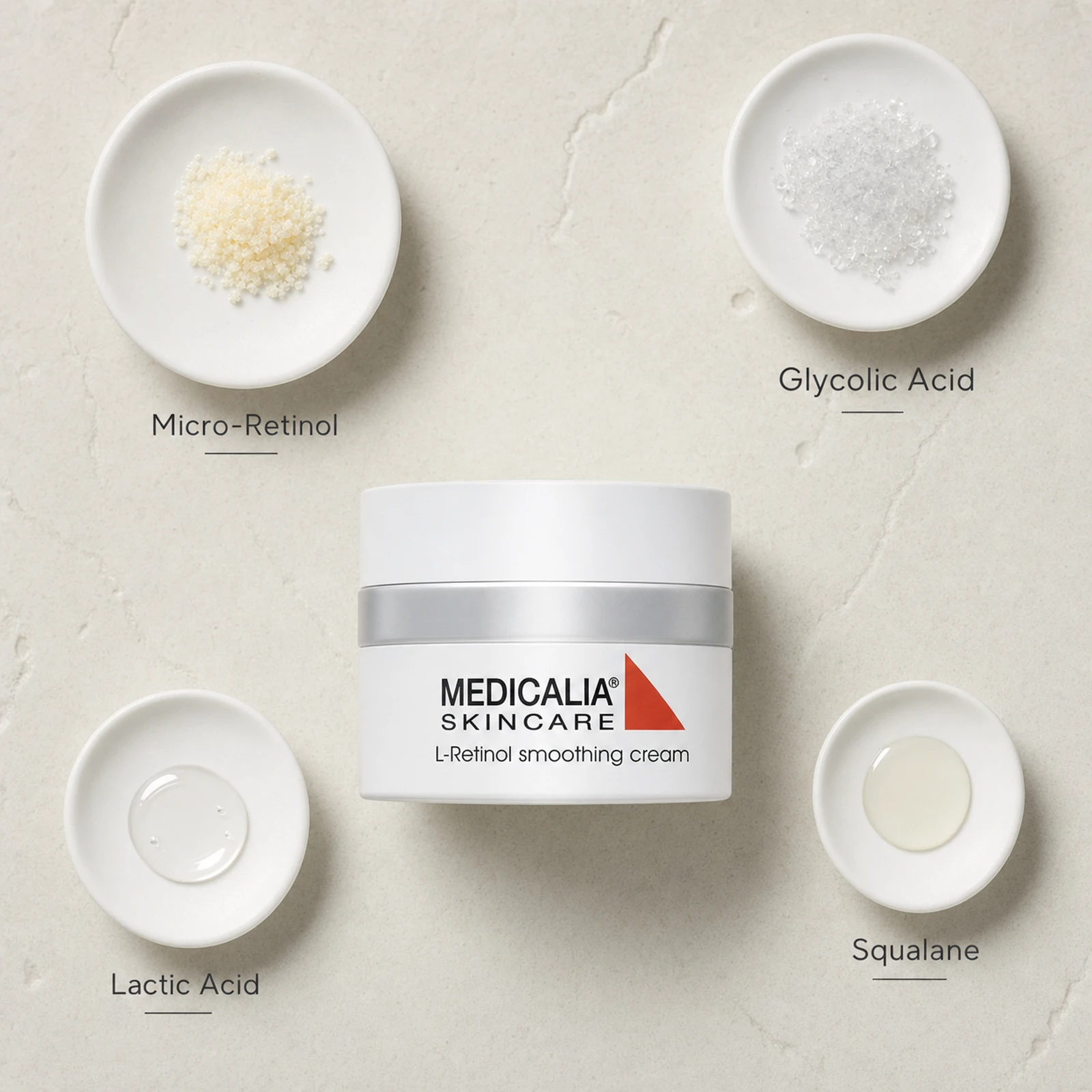 Medicalia L-Retinol Smoothing Cream 50ml flat lay with key ingredients Micro-Retinol, Glycolic Acid, Lactic Acid, and Squalane.