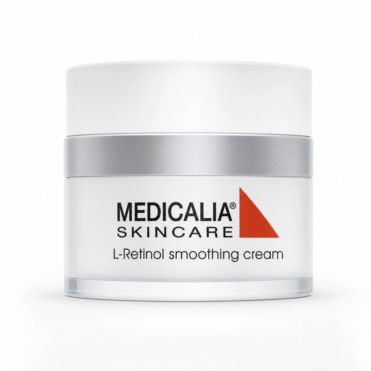 Medicalia Skincare L-Retinol Smoothing Cream 50ml jar with silver band and red triangle logo on a white background