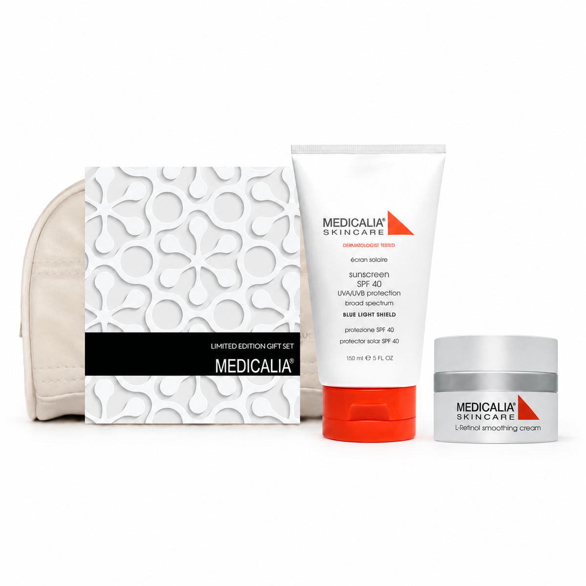 Medicalia L-Retinol Smoothing Cream and SPF 40 Sunscreen with a white cosmetics bag and embossed floral gift sleeve.
