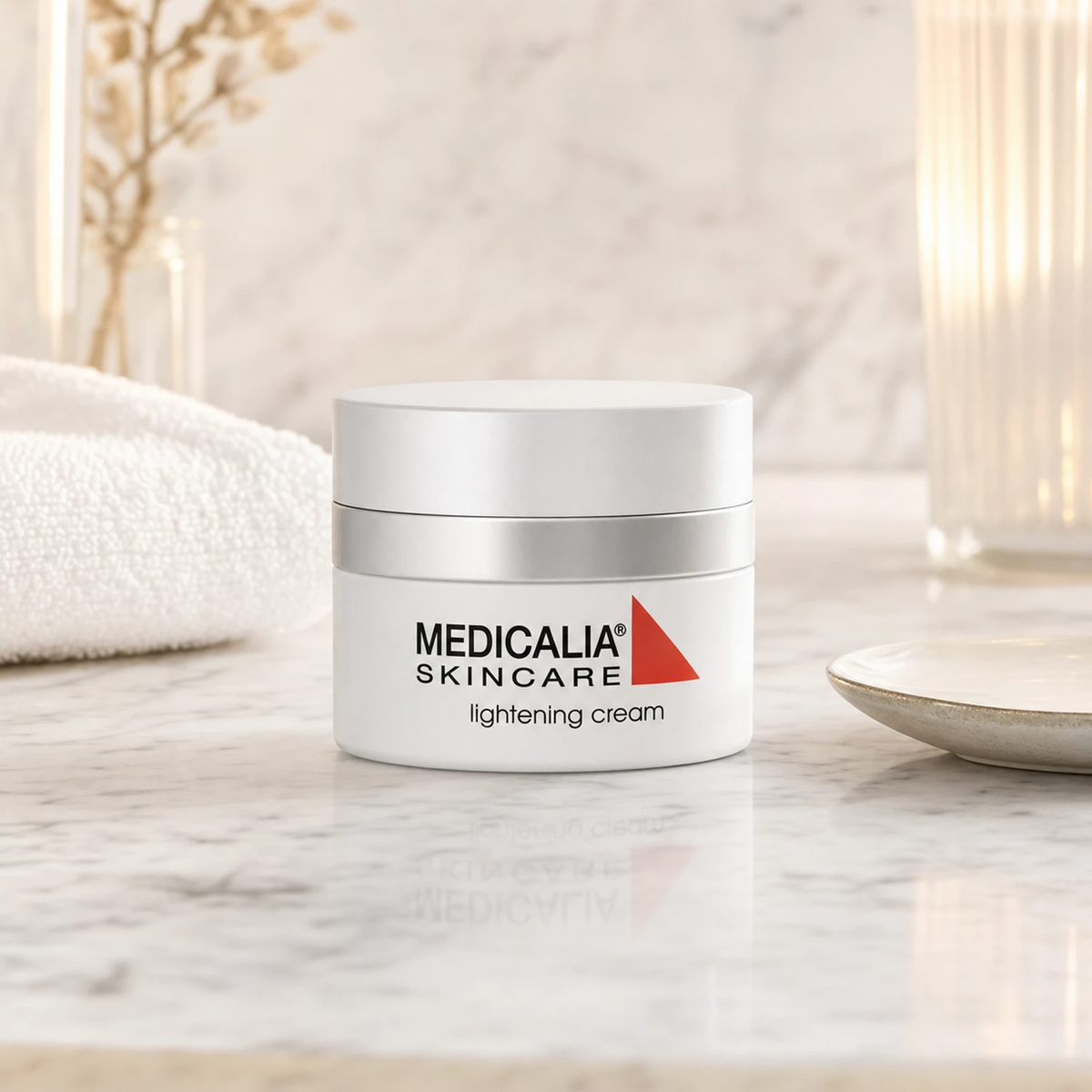 Medicalia Lightening Cream 50ml on a premium marble bathroom vanity, a potent nightly pigment-correcting cream with Hexylresorcinol and Tranexamic Acid for dark spots and hyperpigmentation.