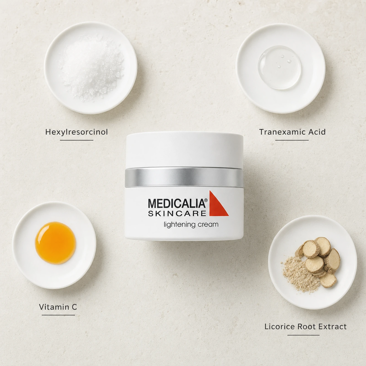 Medicalia Lightening Cream 50ml flat lay with key ingredients Hexylresorcinol, Tranexamic Acid, Vitamin C, and Licorice Root Extract.