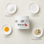Medicalia Lightening Cream 50ml flat lay with key ingredients Hexylresorcinol, Tranexamic Acid, Vitamin C, and Licorice Root Extract.