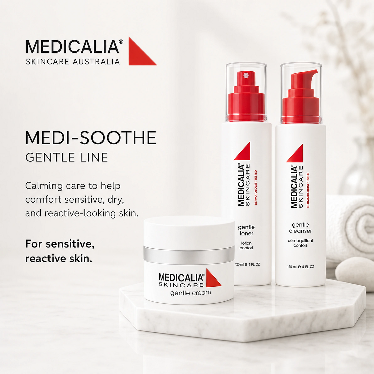 Medicalia MEDI-SOOTHE Gentle Line skincare products displayed on a white marble plinth with spa towels and stones, promoting calming care for sensitive, dry, and reactive-looking skin.