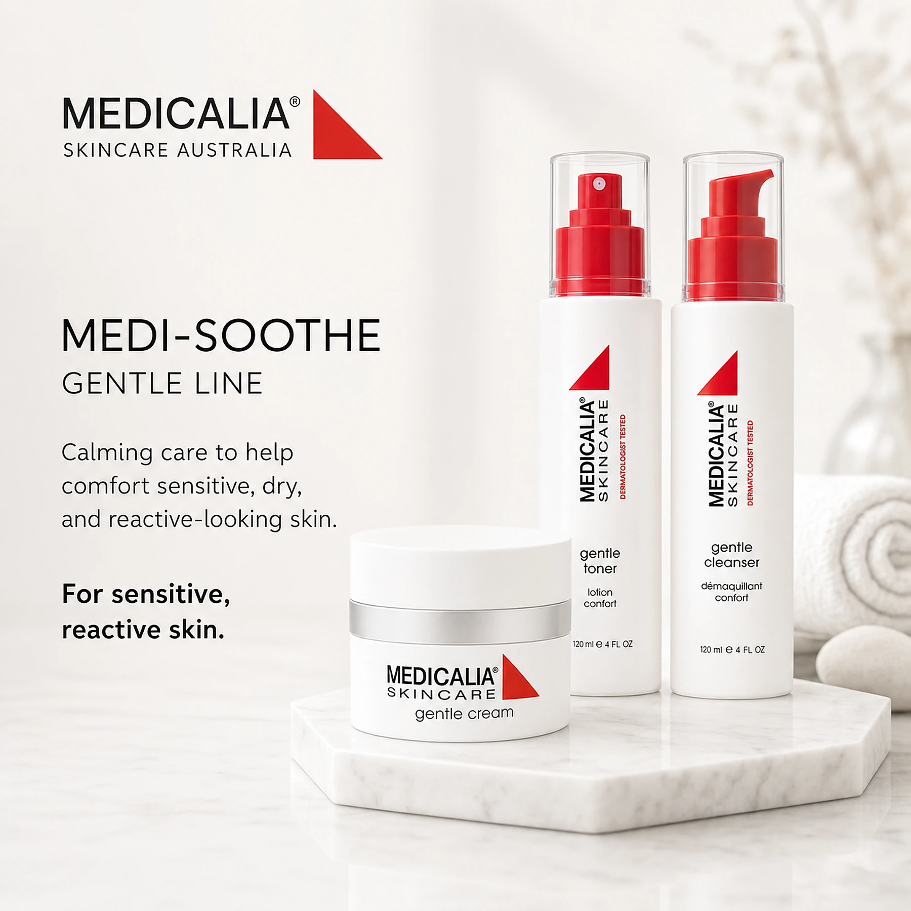 Medicalia MEDI-SOOTHE Gentle Line skincare products displayed on a white marble plinth with spa towels and stones, promoting calming care for sensitive, dry, and reactive-looking skin.