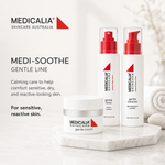 Medicalia MEDI-SOOTHE Gentle Line skincare products displayed on a white marble plinth with spa towels and stones, promoting calming care for sensitive, dry, and reactive-looking skin.