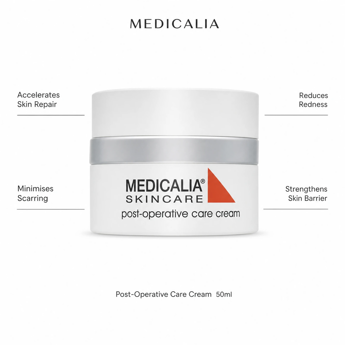 Medicalia Post-Operative Care Cream 50ml with four key benefits: Accelerates Skin Repair, Minimises Scarring, Reduces Redness, and Strengthens Skin Barrier.