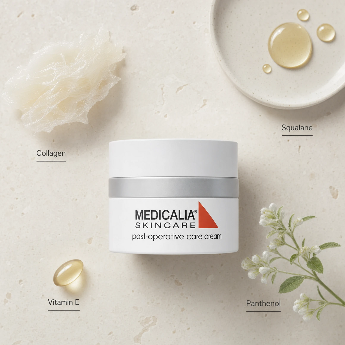 Medicalia Post-Operative Care Cream 50ml flatlay with key ingredients Collagen, Squalane, Vitamin E, and Panthenol.
