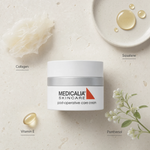 Medicalia Post-Operative Care Cream 50ml flatlay with key ingredients Collagen, Squalane, Vitamin E, and Panthenol.
