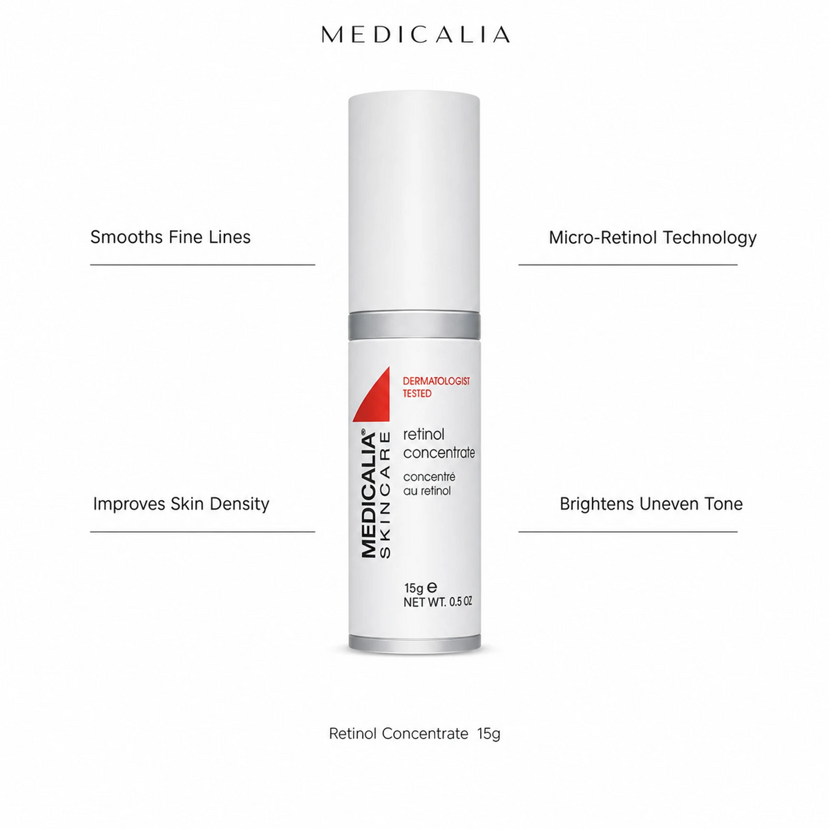 Medicalia Retinol Concentrate 15g with four key benefits: Smooths Fine Lines, Improves Skin Density, Micro-Retinol Technology, and Brightens Uneven Tone.
