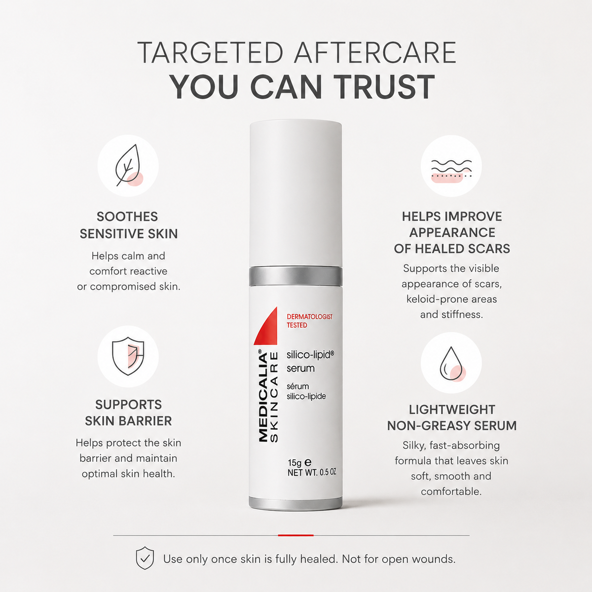 Medicalia Silico-Lipid Serum benefit graphic showing sensitive skin support, skin barrier care, healed scar appearance support and lightweight non-greasy texture.
