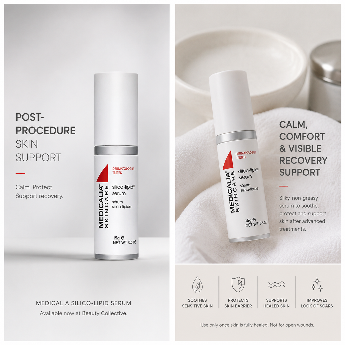 Medicalia Silico-Lipid Serum Facebook graphic showing post-procedure skin support, recovery care benefits and healed scar appearance support.