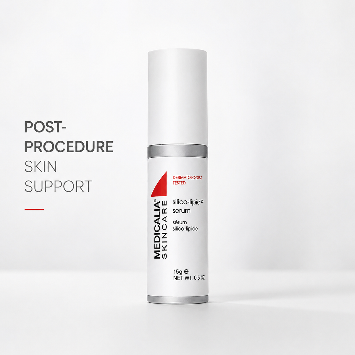 Medicalia Silico-Lipid Serum shown on a clean white background with post-procedure skin support text.