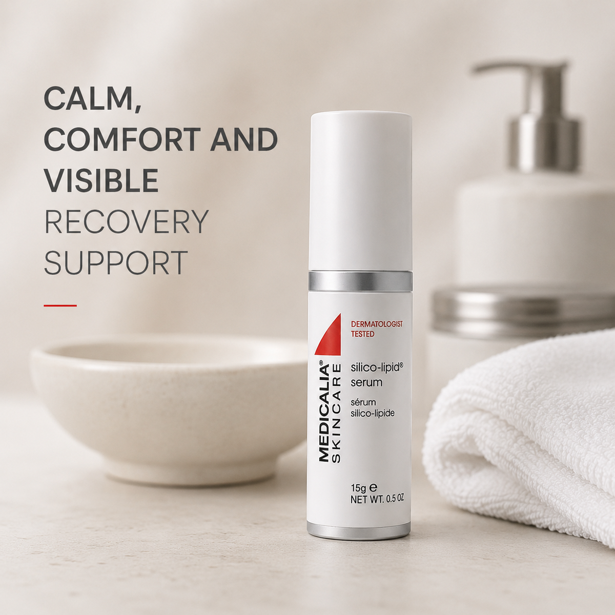 Medicalia Silico-Lipid Serum on a soft clinic benchtop with neutral towel and bowl, highlighting calm comfort and visible recovery support.