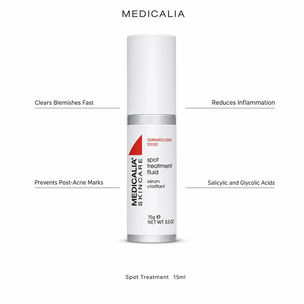 Medicalia Spot Treatment Fluid 15ml with four key benefits: Clears Blemishes Fast, Prevents Post-Acne Marks, Reduces Inflammation, and Salicylic and Glycolic Acids.