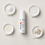 Medicalia Spot Treatment Fluid 15ml flatlay with key ingredients Salicylic Acid, Glycolic Acid, Phytic Acid, and Sea Whip Extract.