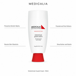 Medicalia Stretchmark Guard Cream 150ml with four key benefits: Prevents Stretch Marks, Boosts Skin Elasticity, Prenatal and Post-Delivery, and Shea Butter and Elastin.