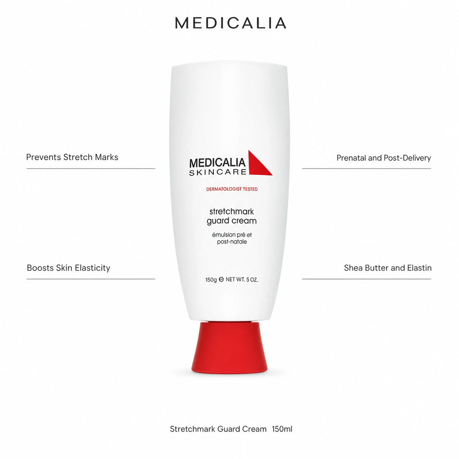 Medicalia Stretchmark Guard Cream 150ml with four key benefits: Prevents Stretch Marks, Boosts Skin Elasticity, Prenatal and Post-Delivery, and Shea Butter and Elastin.
