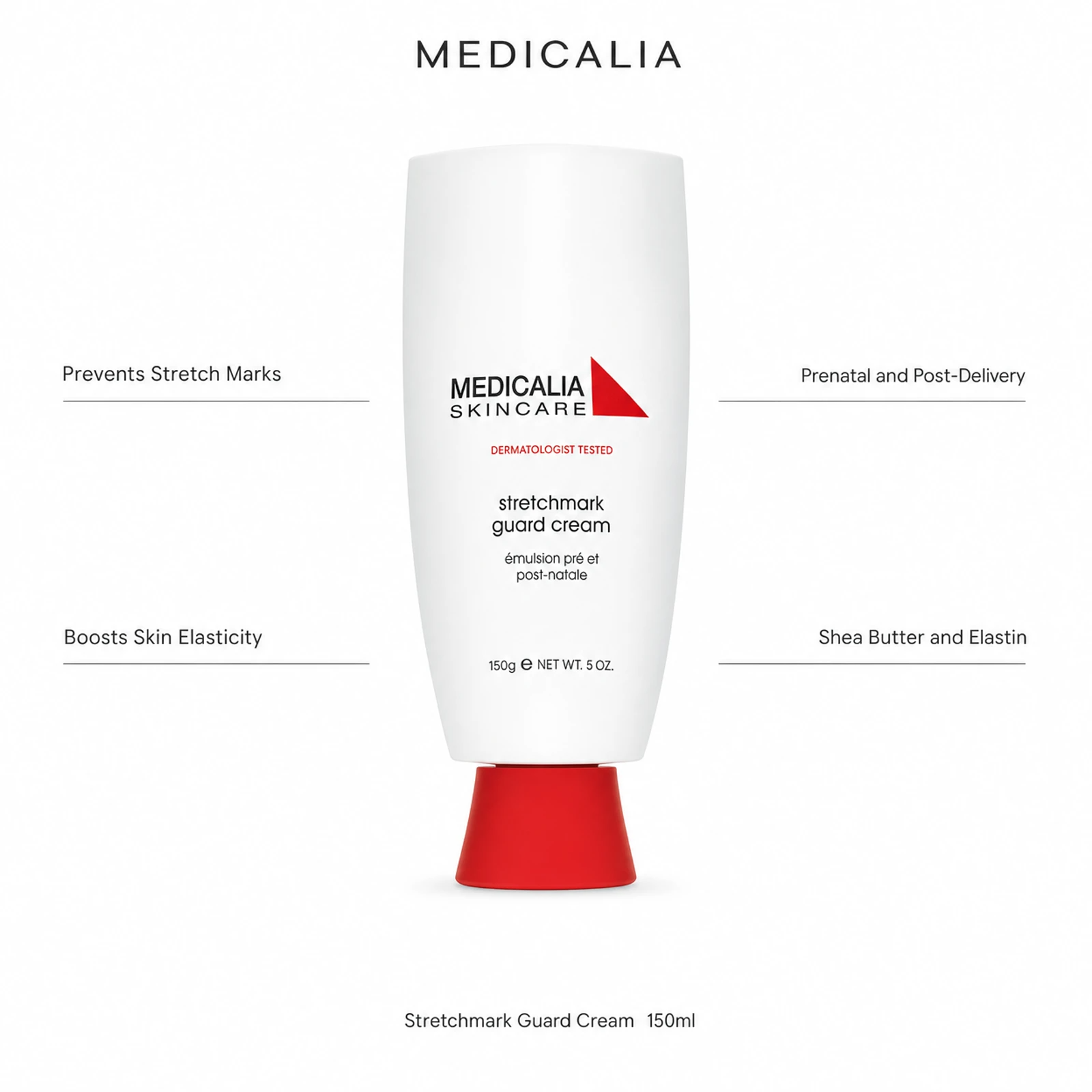 Medicalia Stretchmark Guard Cream 150ml with four key benefits: Prevents Stretch Marks, Boosts Skin Elasticity, Prenatal and Post-Delivery, and Shea Butter and Elastin.