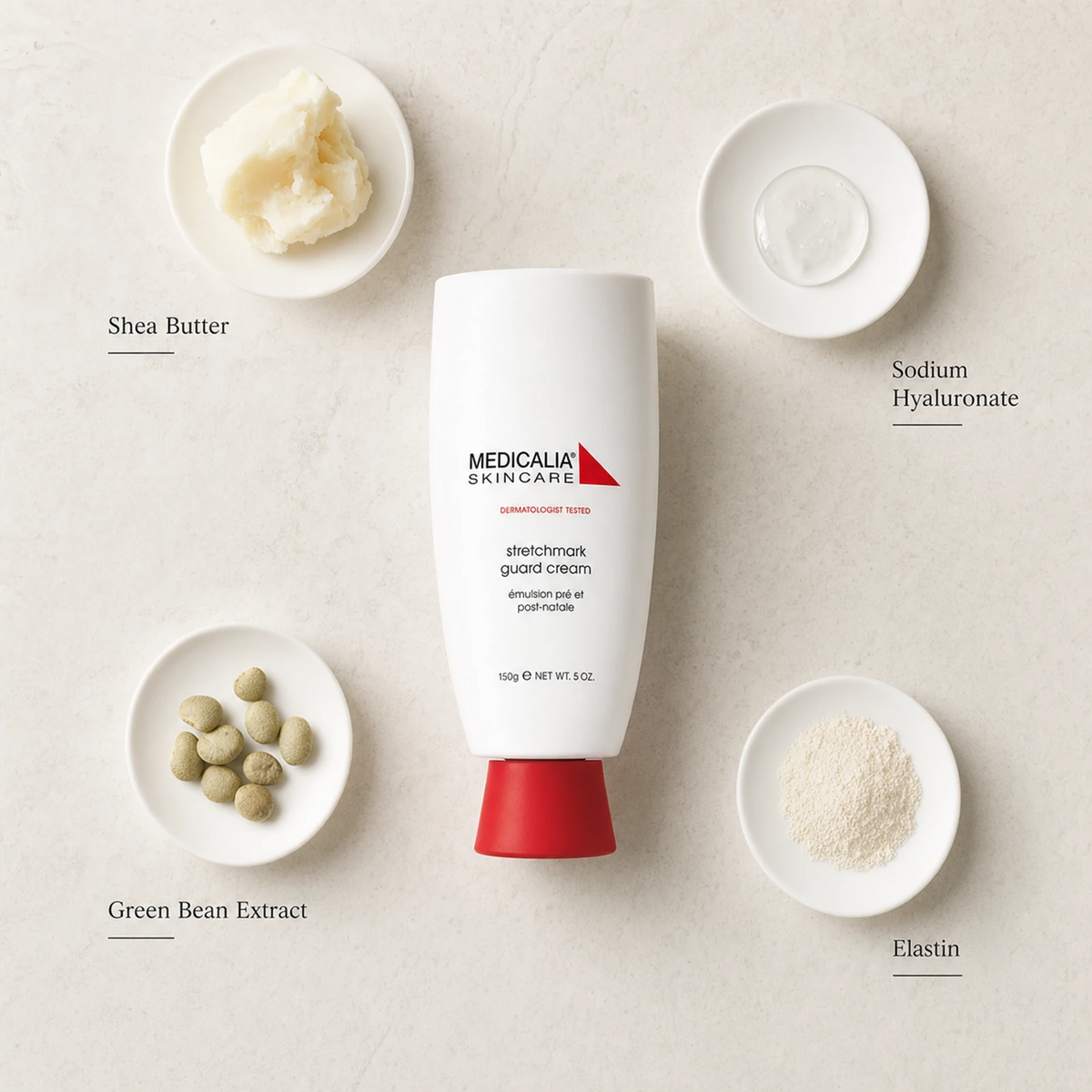 Medicalia Stretchmark Guard Cream 150ml flatlay with key ingredients Shea Butter, Sodium Hyaluronate, Green Bean Extract, and Elastin.
