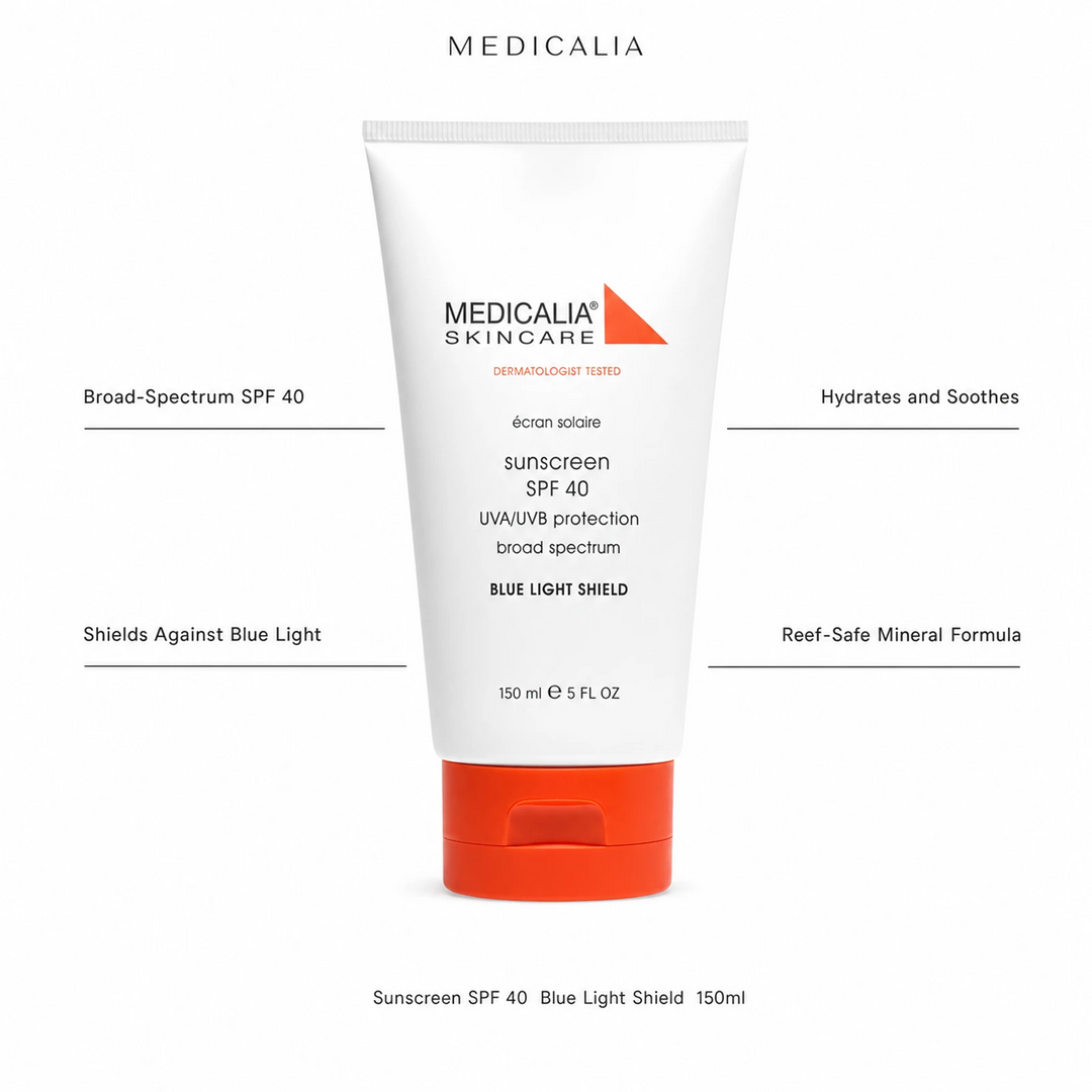 Medicalia Sunscreen SPF 40 with Blue Light Shield 150ml showing four key benefits: Broad-Spectrum SPF 40, Shields Against Blue Light, Hydrates and Soothes, and Reef-Safe Mineral Formula.