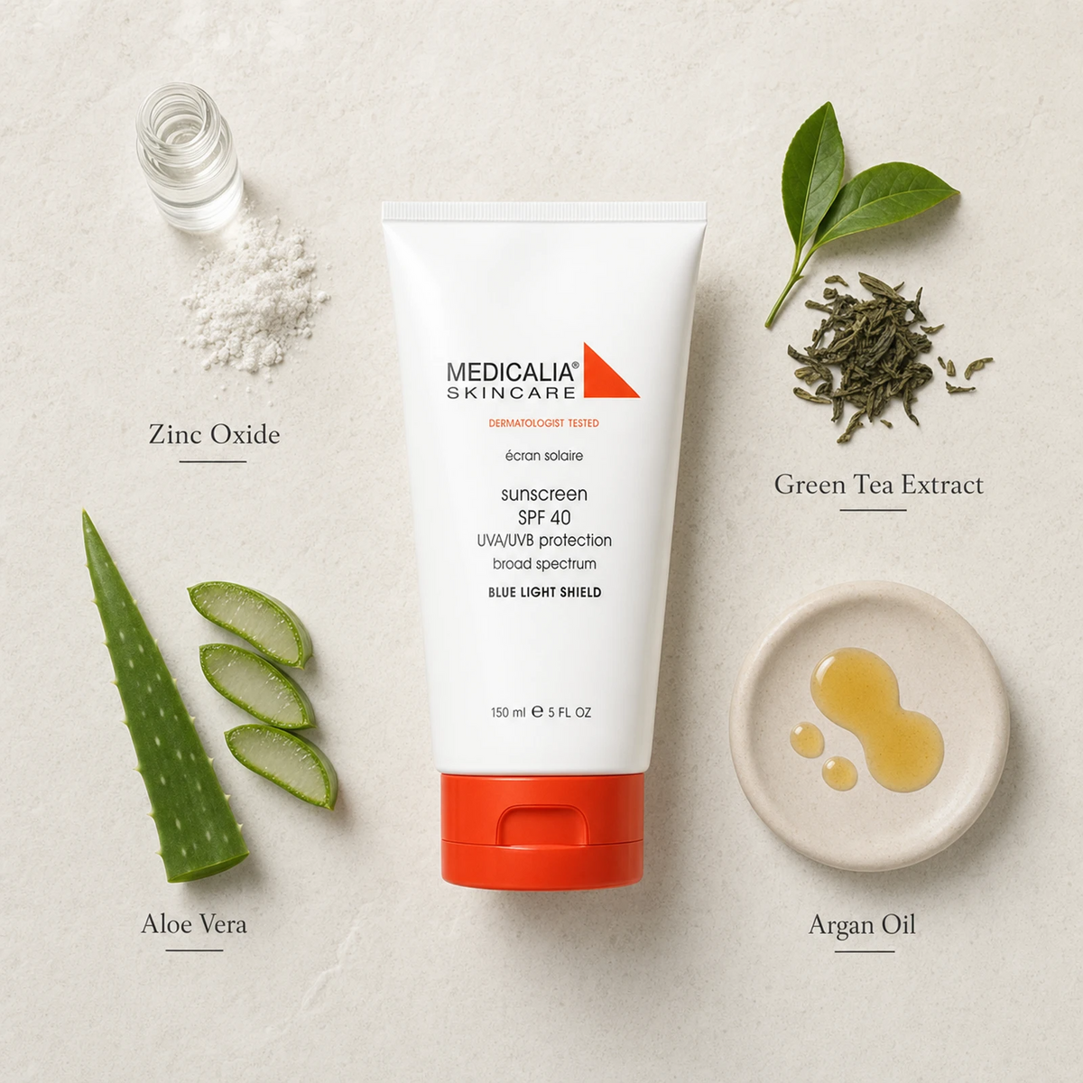 Medicalia Sunscreen SPF 40 with Blue Light Shield 150ml flatlay with key ingredients Zinc Oxide, Aloe Vera, Green Tea Extract, and Argan Oil.