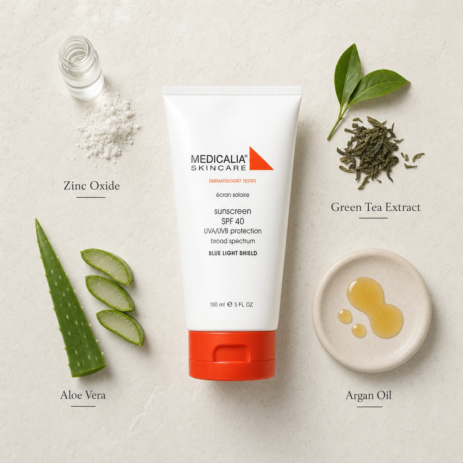 Medicalia Sunscreen SPF 40 with Blue Light Shield 150ml flatlay with key ingredients Zinc Oxide, Aloe Vera, Green Tea Extract, and Argan Oil.