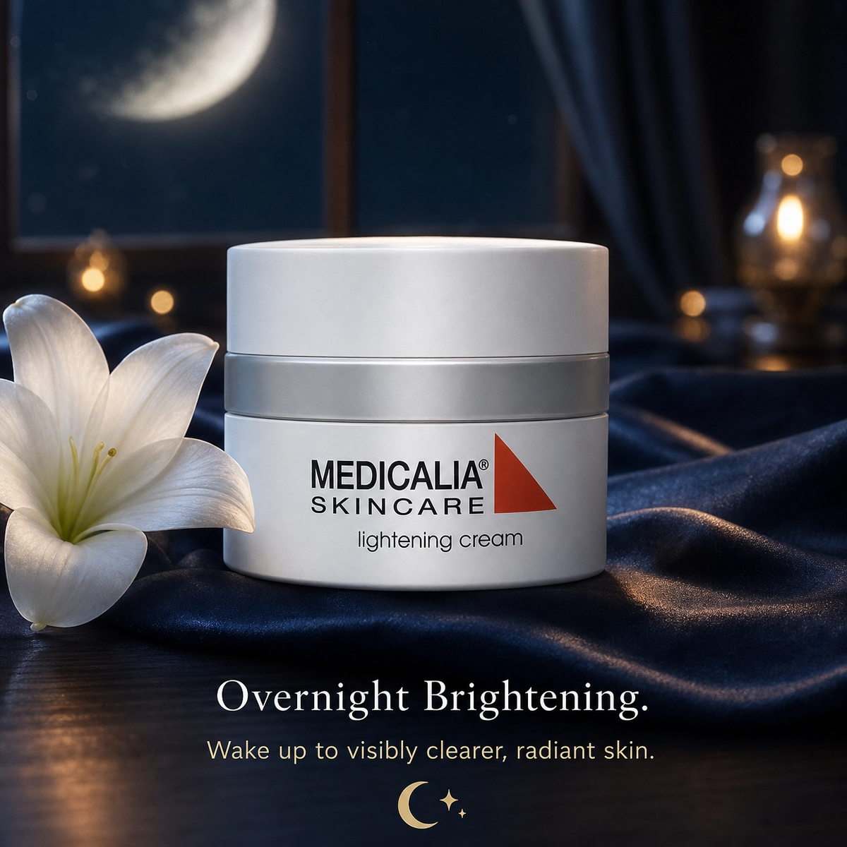 Medicalia Skincare lightening cream jar with a white flower on a dark background