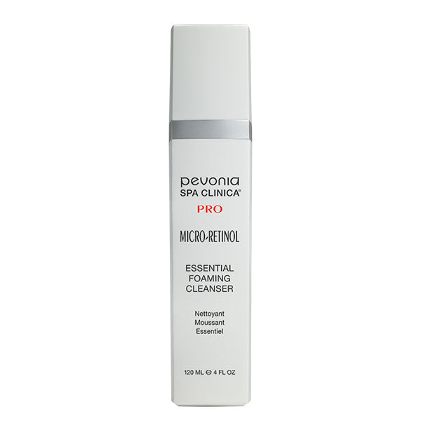 A white pump bottle labeled Pevonia Micro-Retinol Essential Foaming Cleanser.