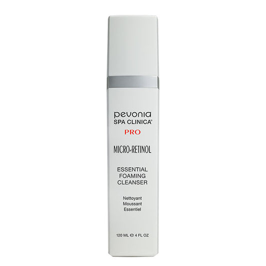 A white pump bottle labeled Pevonia Micro-Retinol Essential Foaming Cleanser.