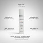 Pevonia Spa Clinica PRO Micro-Retinol Essential Foaming Cleanser with product details on a gray background
