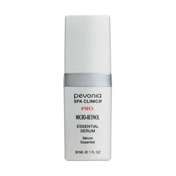 A white bottle with a pump dispenser labeled Pevonia Spa Clinica Pro Micro-Retinol Essential Serum.