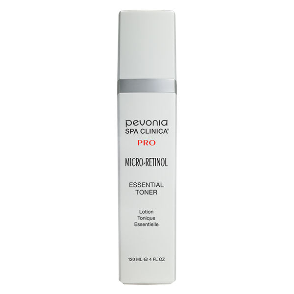 A bottle of Pevonia Micro-Retinol Essential Toner, with white and red label, caputate on a white background.