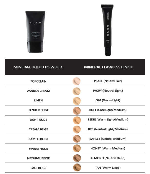 Mineral liquid powder and flawless finish color chart with ELES branding.