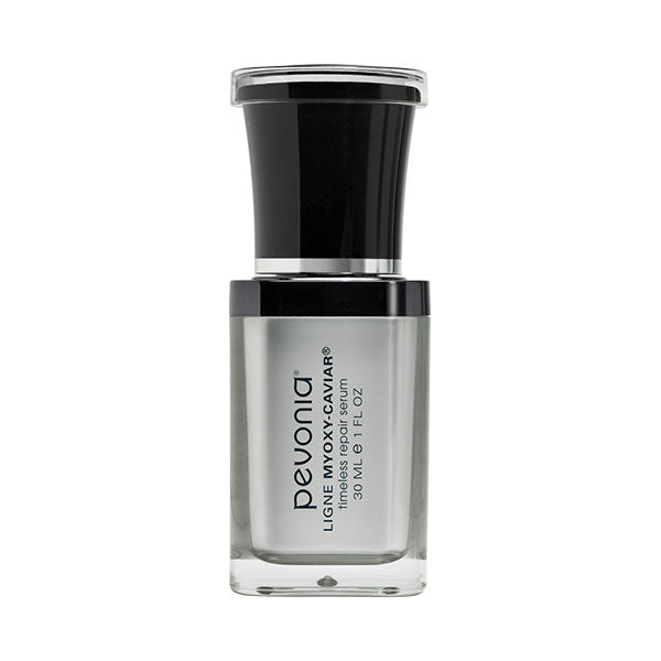 A bottle of Pevonia MyOxy Caviar Timeless Repair Serum with a black cap and a label that includes the product name and brand.