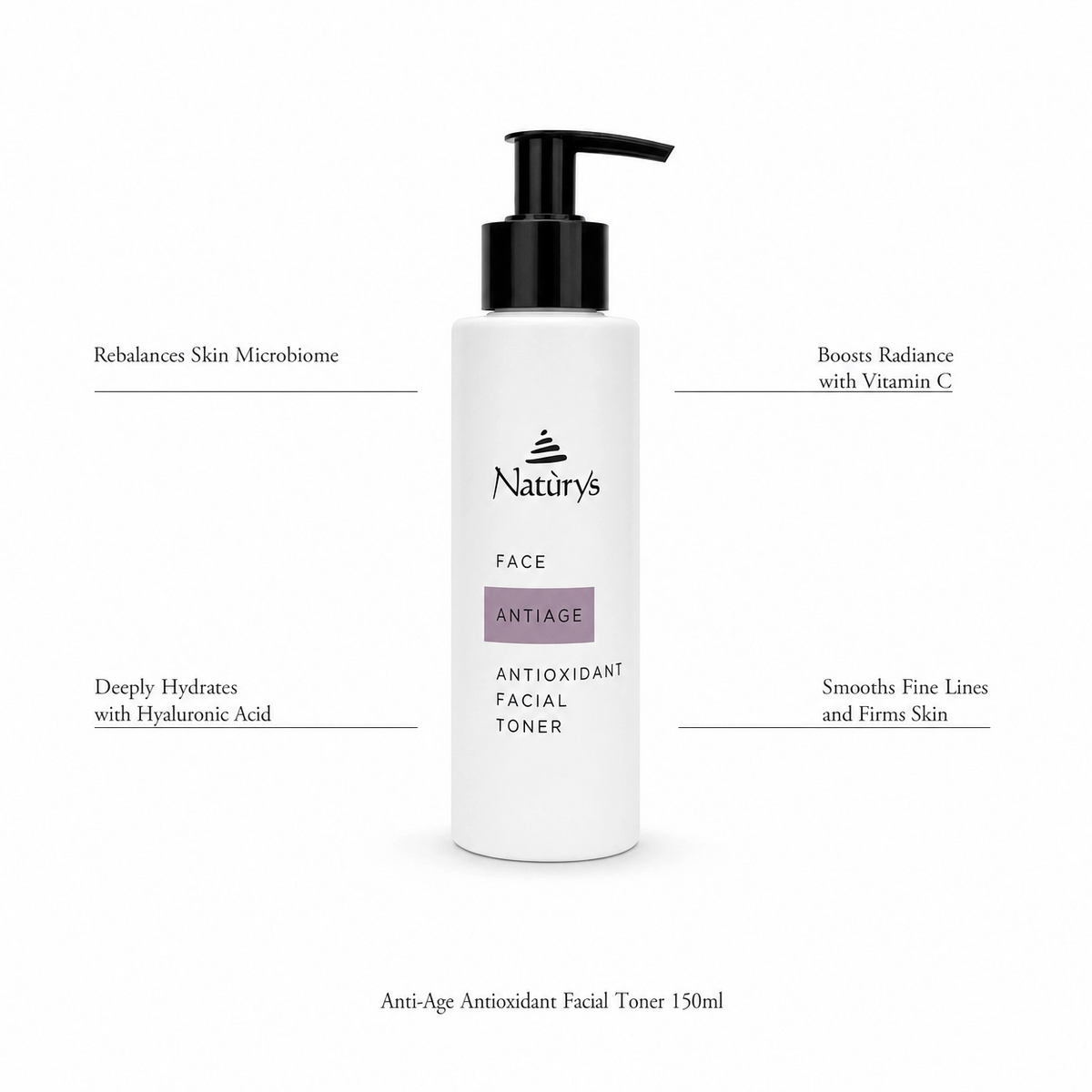  Naturys Anti-Age Antioxidant Facial Toner 150ml on white background with benefit callouts: Rebalances Skin Microbiome, Deeply Hydrates with Hyaluronic Acid, Boosts Radiance with Vitamin C, Smooths Fine Lines and Firms Skin
