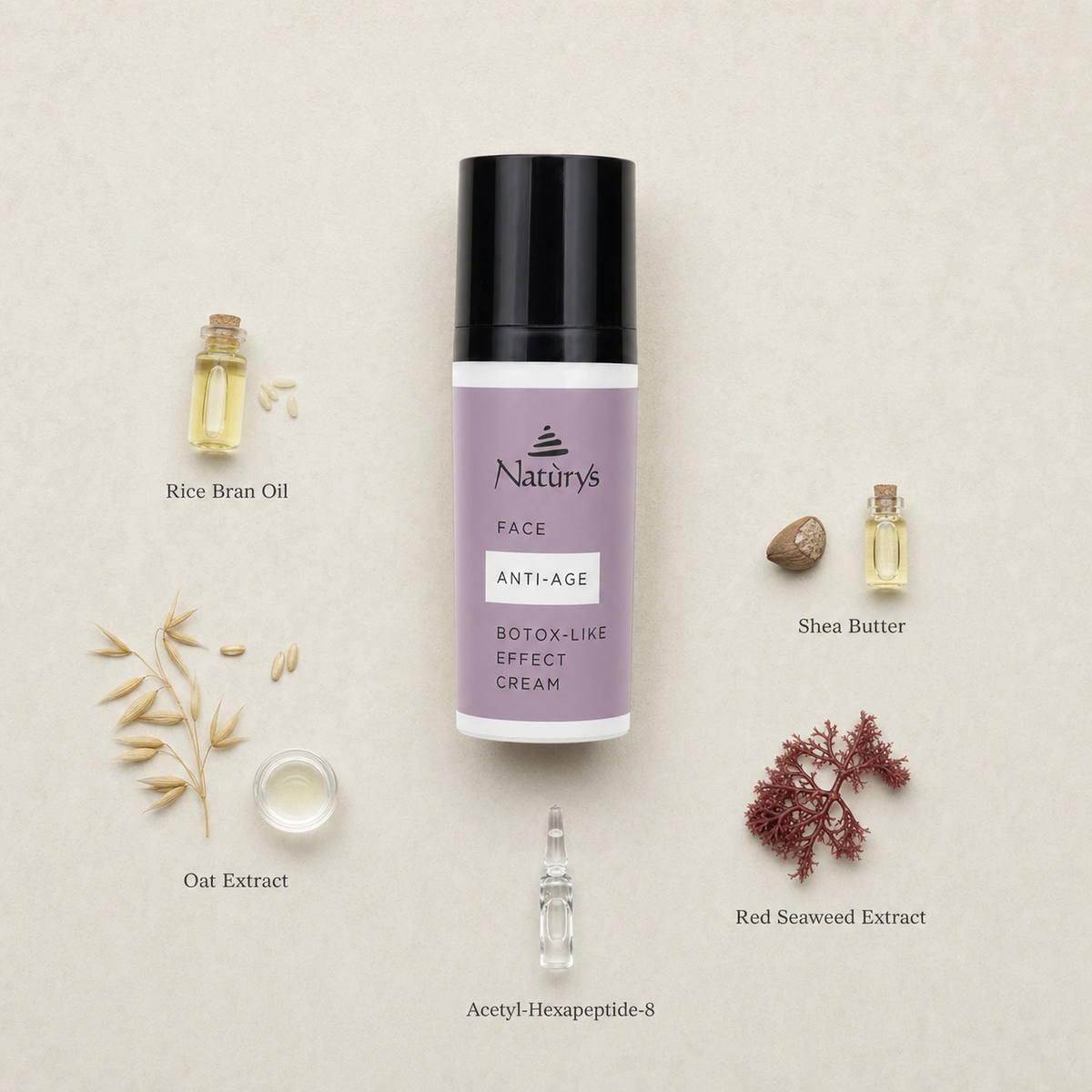 Naturys Anti-Age B-tox Like Effect Cream 50ml surrounded by labelled key ingredients including Rice Bran Oil, Oat Extract, Acetyl-Hexapeptide-8, Shea Butter and Red Seaweed Extract on a warm cream stone surface