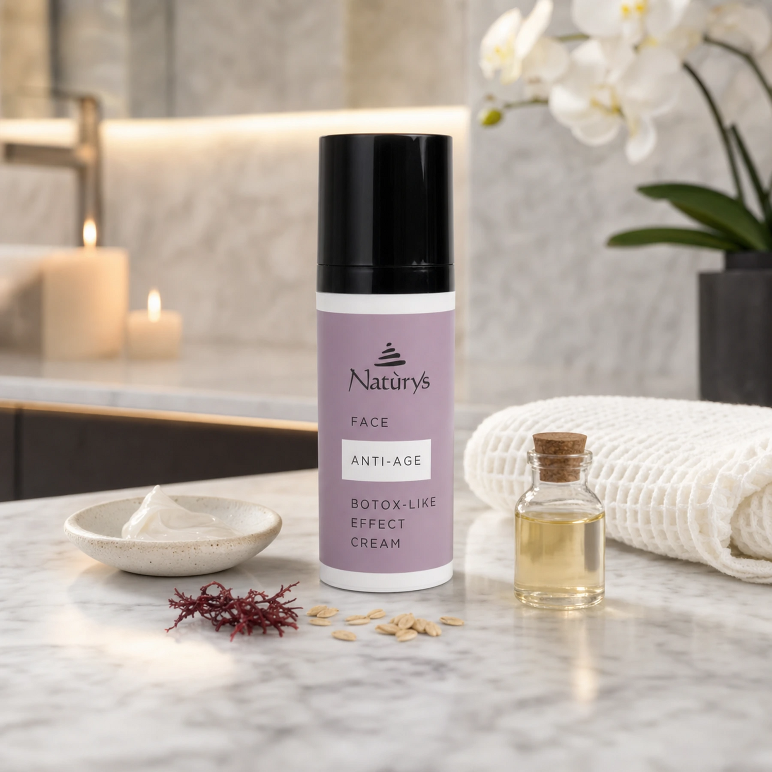 Naturys Anti-Age B-tox Like Effect Cream 50ml purple-mauve airless pump bottle on a white Carrara marble vanity with ceramic cream dish, red seaweed, oat grains, rice bran oil vial and white waffle linen cloth in a luxury candlelit spa bathroom with white orchids
