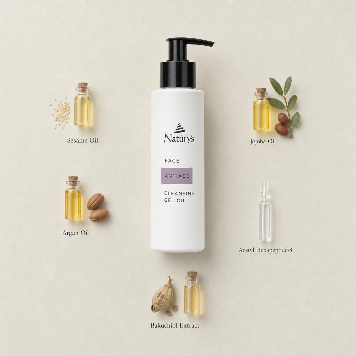 Naturys Anti-Age Cleansing Gel Oil 150ml surrounded by labelled key ingredients including Sesame Oil, Jojoba Oil, Argan Oil, Acetyl Hexapeptide-8 and Bakuchiol Extract on a warm cream stone surface