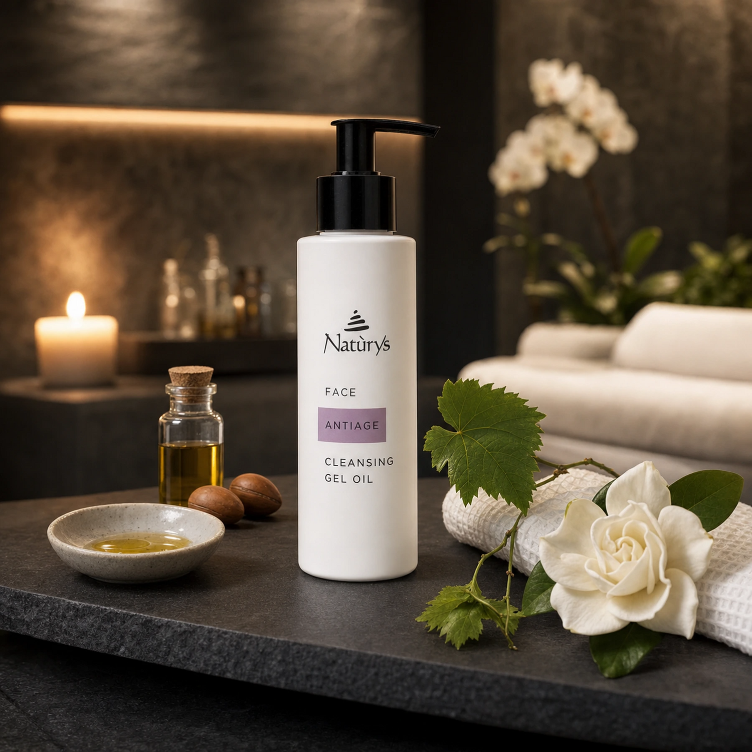 Naturys Anti-Age Cleansing Gel Oil 150ml on a dark slate spa tray with ceramic oil dish, argan oil vial, grape vine leaf sprig and white gardenia bloom in a luxury candlelit spa treatment room with white orchids