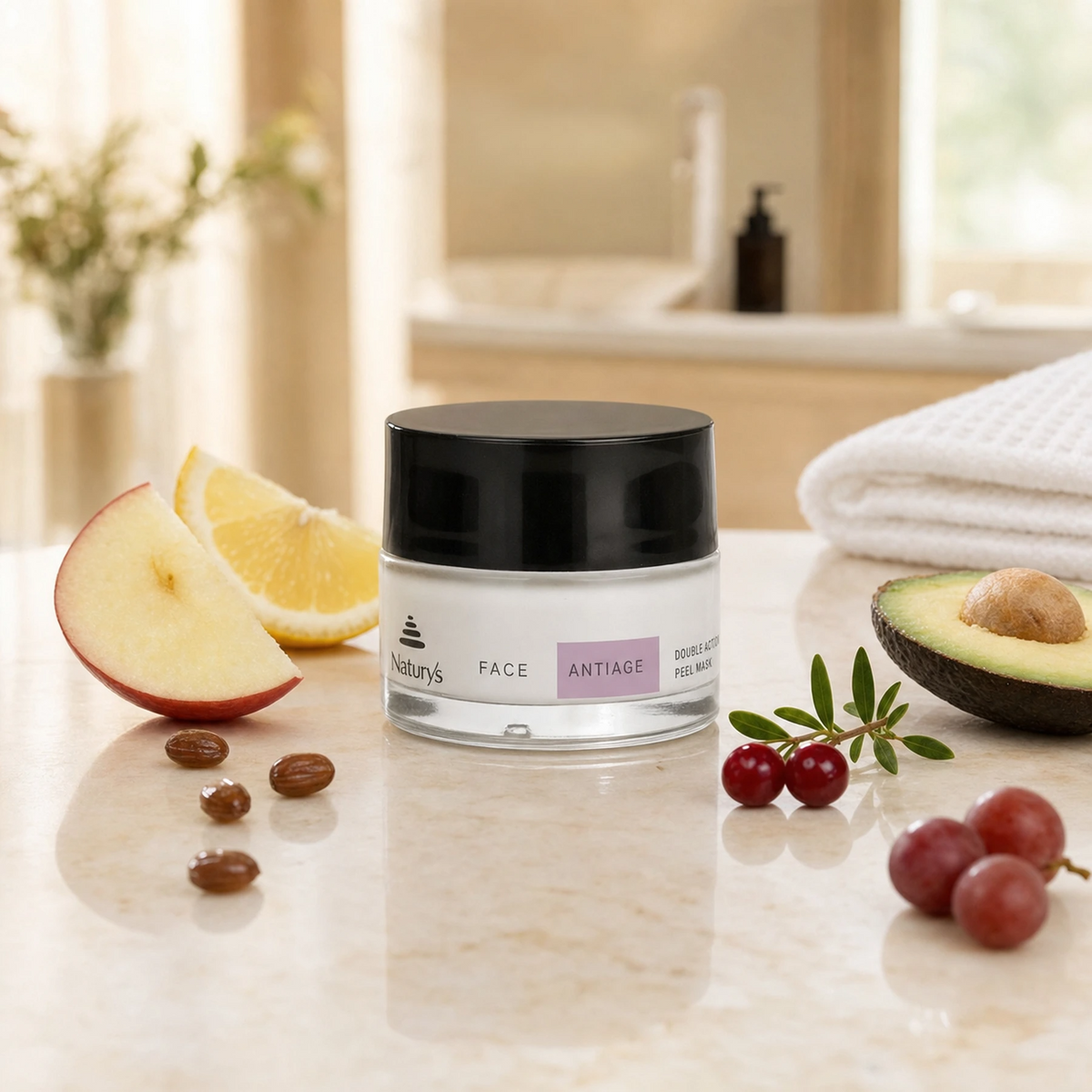 Naturys Anti-Age Double Action Peel Mask 30ml on a warm cream marble spa surface with an apple slice, lemon wedge, jojoba beads, avocado half, cranberry sprig, small grape cluster, and a folded white waffle spa cloth in a softly lit luxury spa treatment room