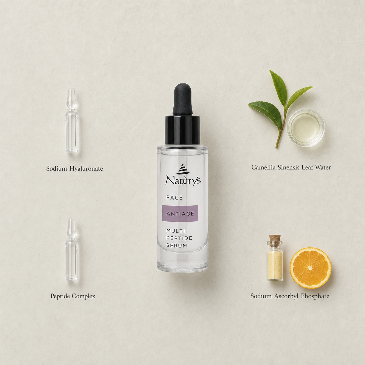 Naturys Anti-Age Multi-Peptide Serum 30ml surrounded by labelled key ingredients including Sodium Hyaluronate, Peptide Complex, Camellia Sinensis Leaf Water and Sodium Ascorbyl Phosphate on a warm cream stone surface